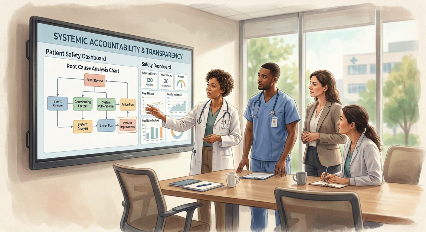 Healthcare team reviewing systemic accountability and transparency dashboard
